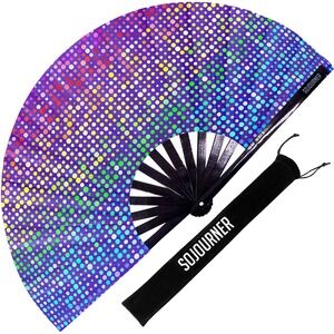 SoJourner Bags Rainbow Lights Rave Fan Large Bamboo Folding Clack Fan NWT Case